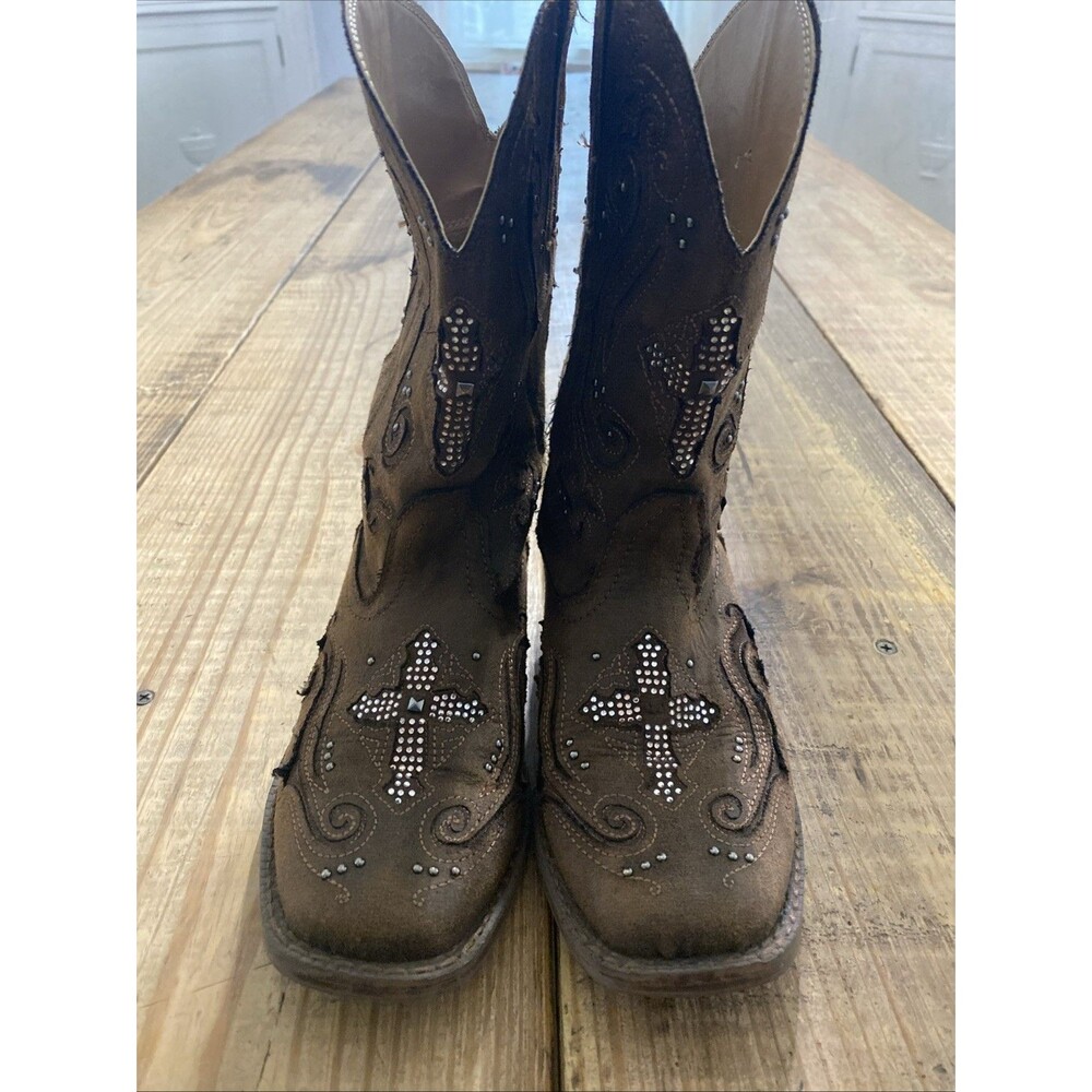 Roper Kids Faith Vintage Brown Crystal Cross Cowboy Boots Girls Size 3